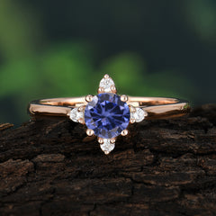 Round Cut Lab Grown Tanzanite Ring Classic Cluster Ring