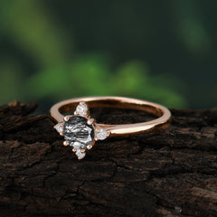 Round Cut Lab Grown Black Rutilated Quartz Ring Classic Cluster Ring