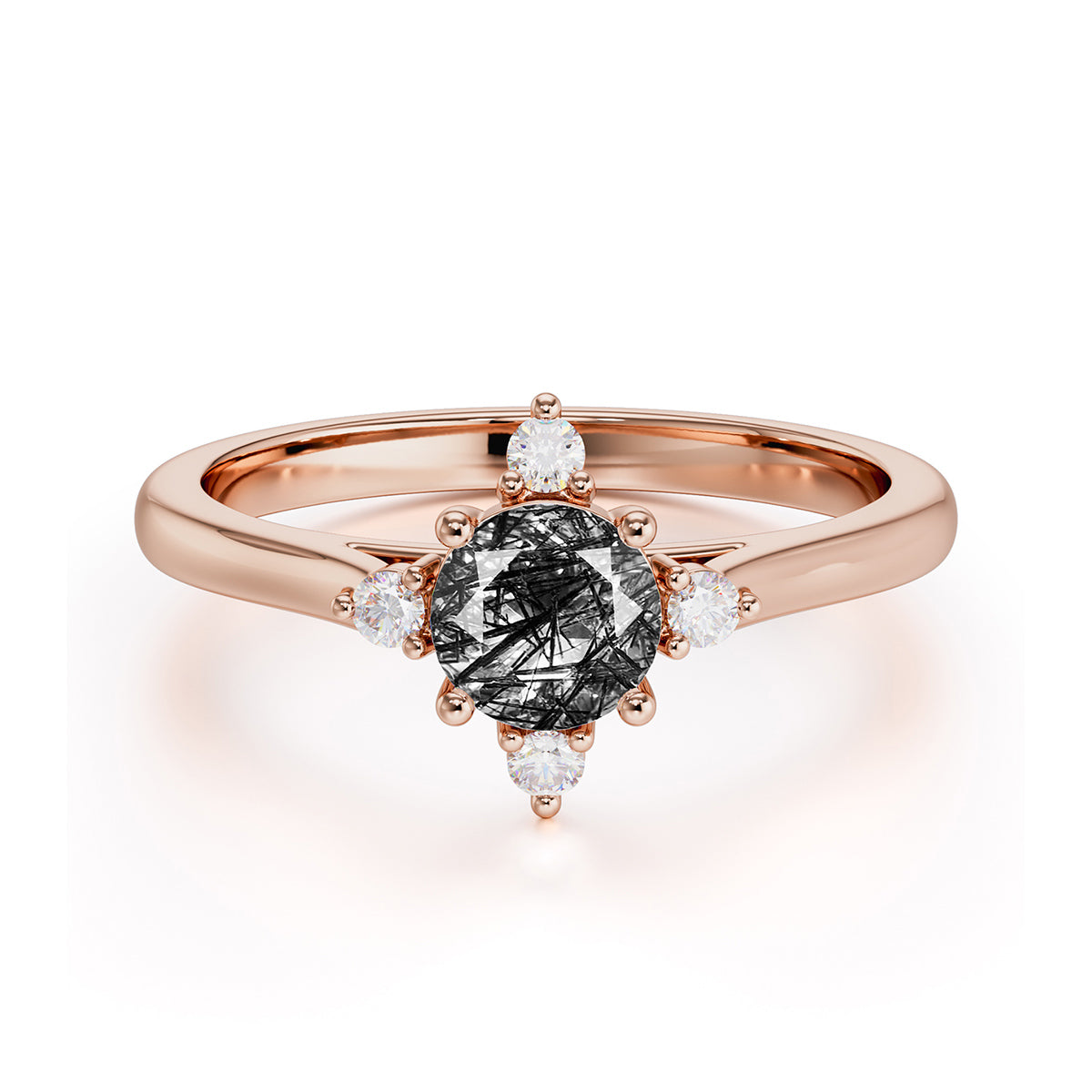 Round Cut Lab Grown Black Rutilated Quartz Ring Classic Cluster Ring