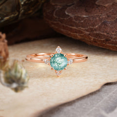 Round Cut Lab Grown Moss Agate Ring Classic Cluster Ring