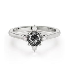 Round Cut Lab Grown Black Rutilated Quartz Ring Classic Cluster Ring