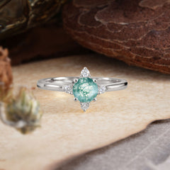 Round Cut Lab Grown Moss Agate Ring Classic Cluster Ring