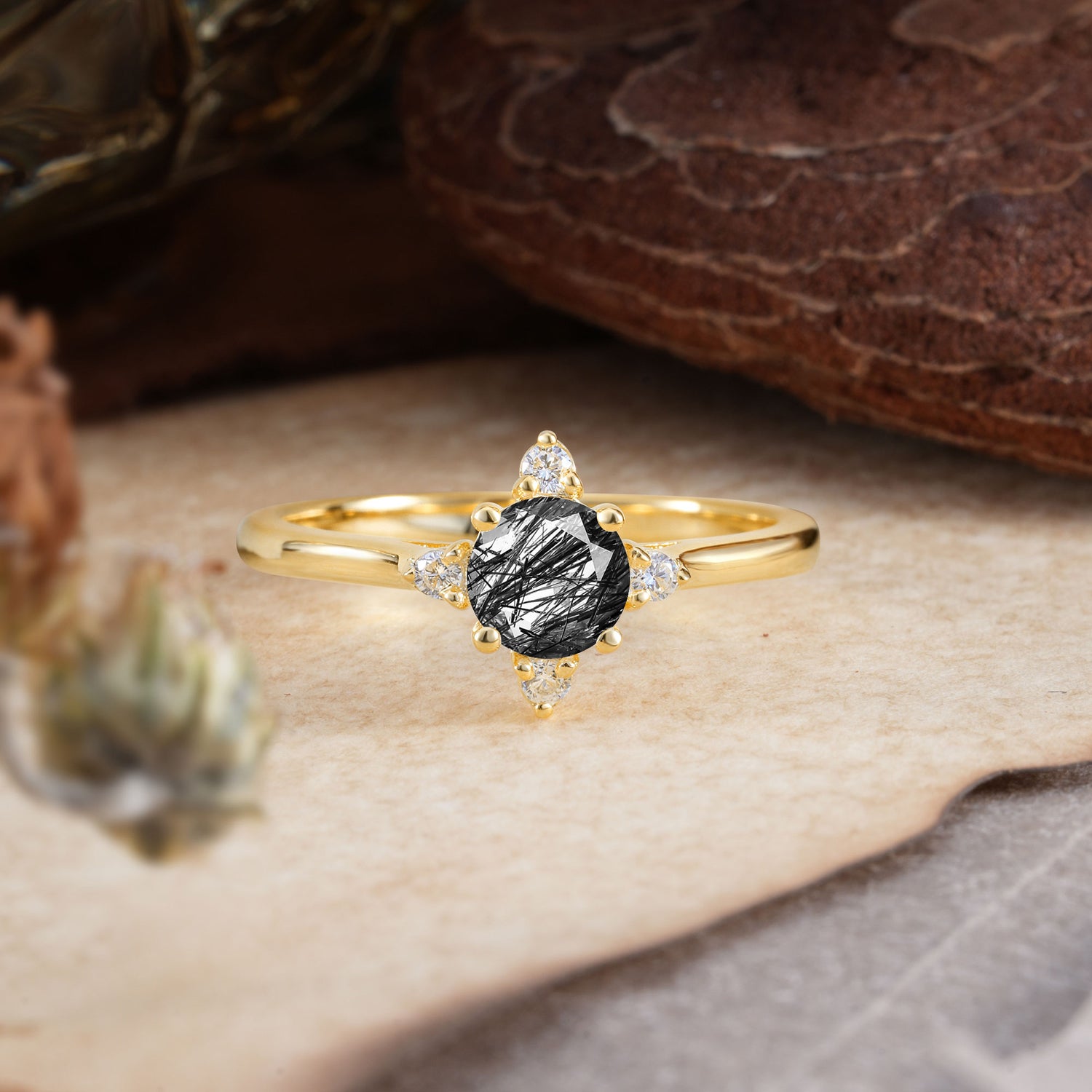 Classic Round Cut Lab Grown Black Rutilated Quartz Cluster Engagement Ring