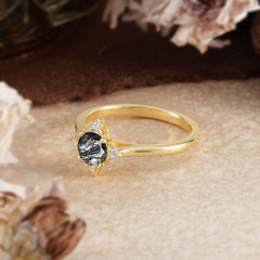 Round Cut Lab Grown Black Rutilated Quartz Ring Classic Cluster Ring
