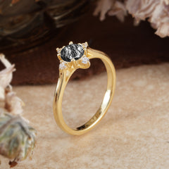 Round Cut Lab Grown Black Rutilated Quartz Ring Classic Cluster Ring