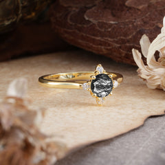 Round Cut Lab Grown Black Rutilated Quartz Ring Classic Cluster Ring