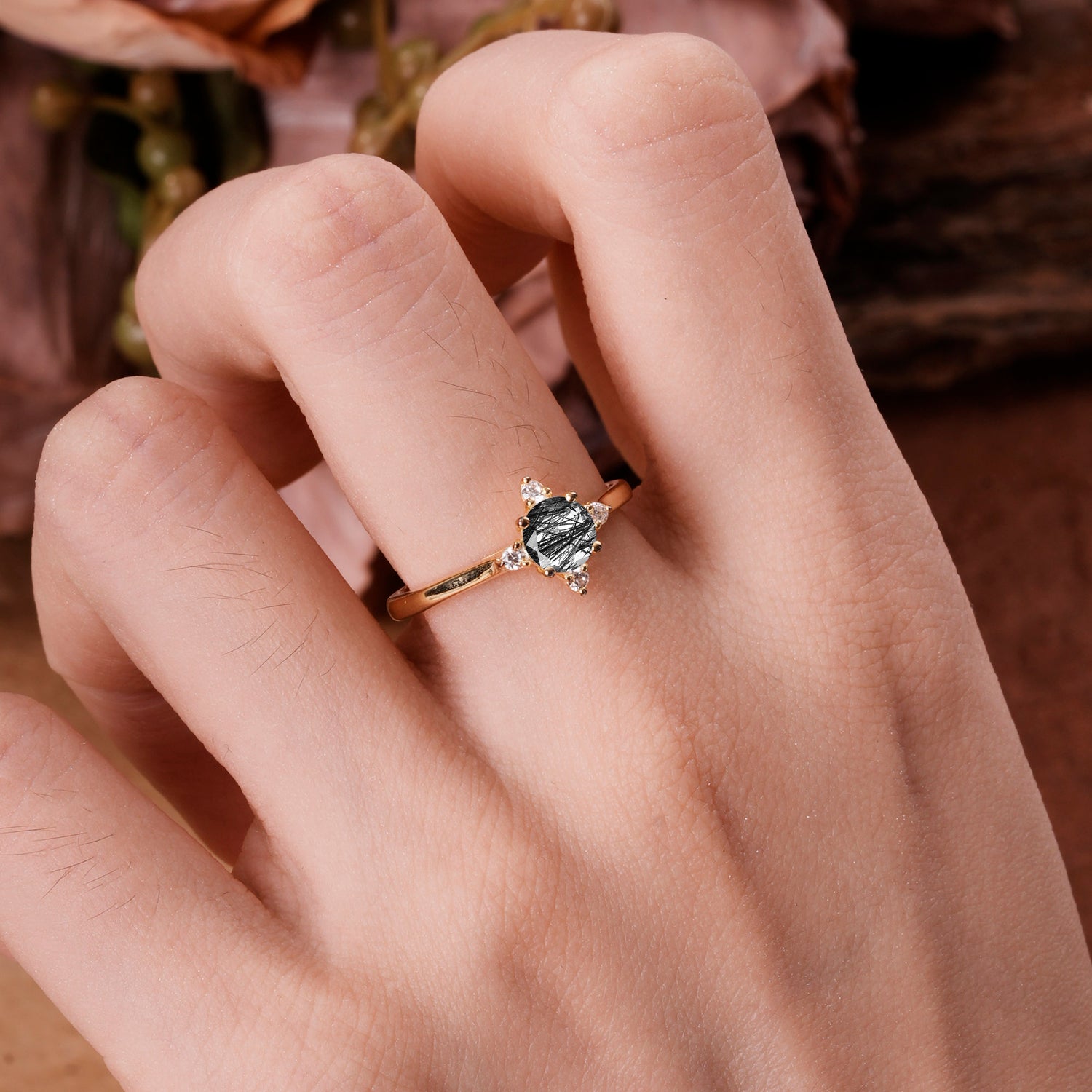 Classic Round Cut Lab Grown Black Rutilated Quartz Cluster Engagement Ring