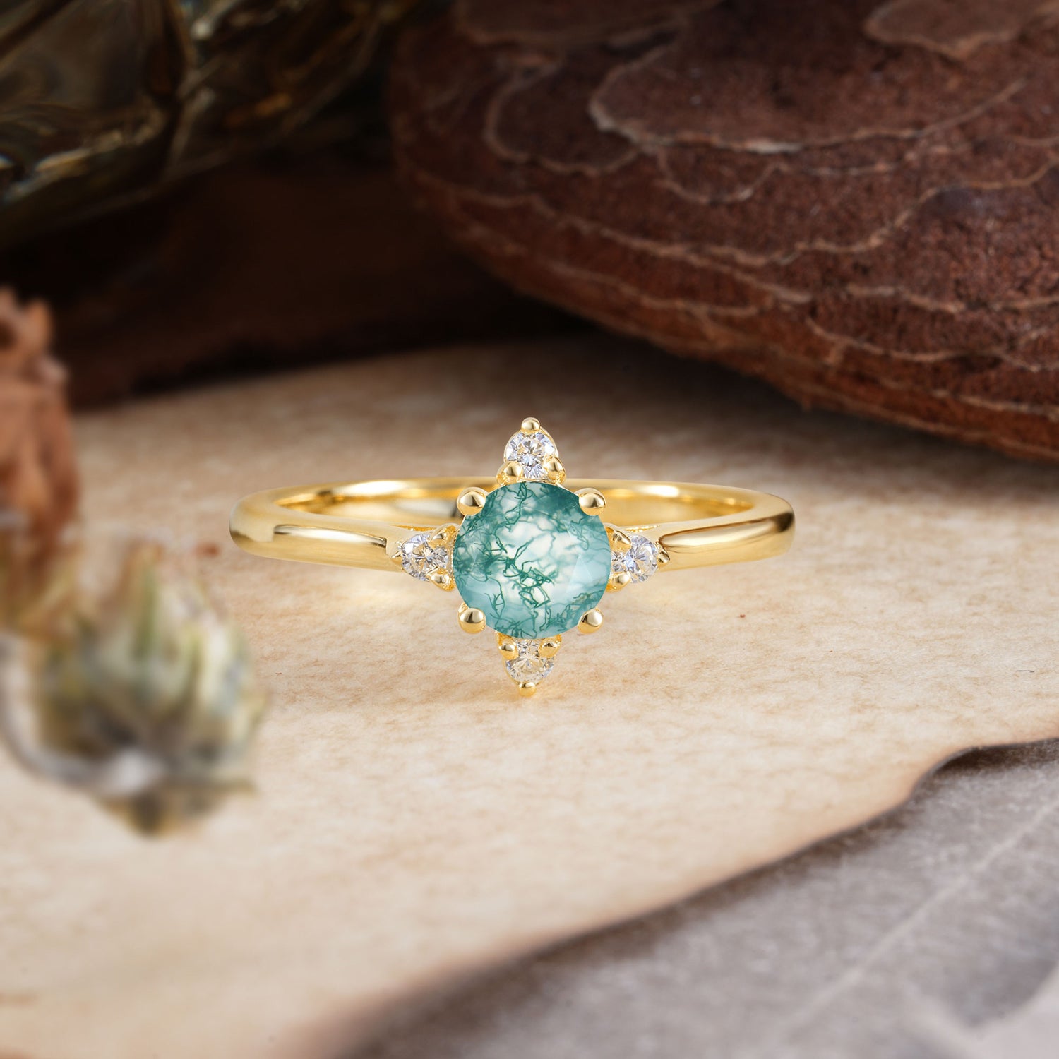 Classic Round Cut Lab Grown Moss Agate Cluster Engagement Ring