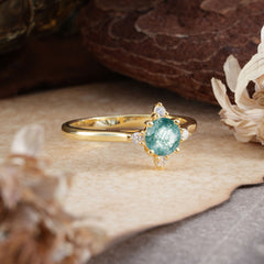 Round Cut Lab Grown Moss Agate Ring Classic Cluster Ring