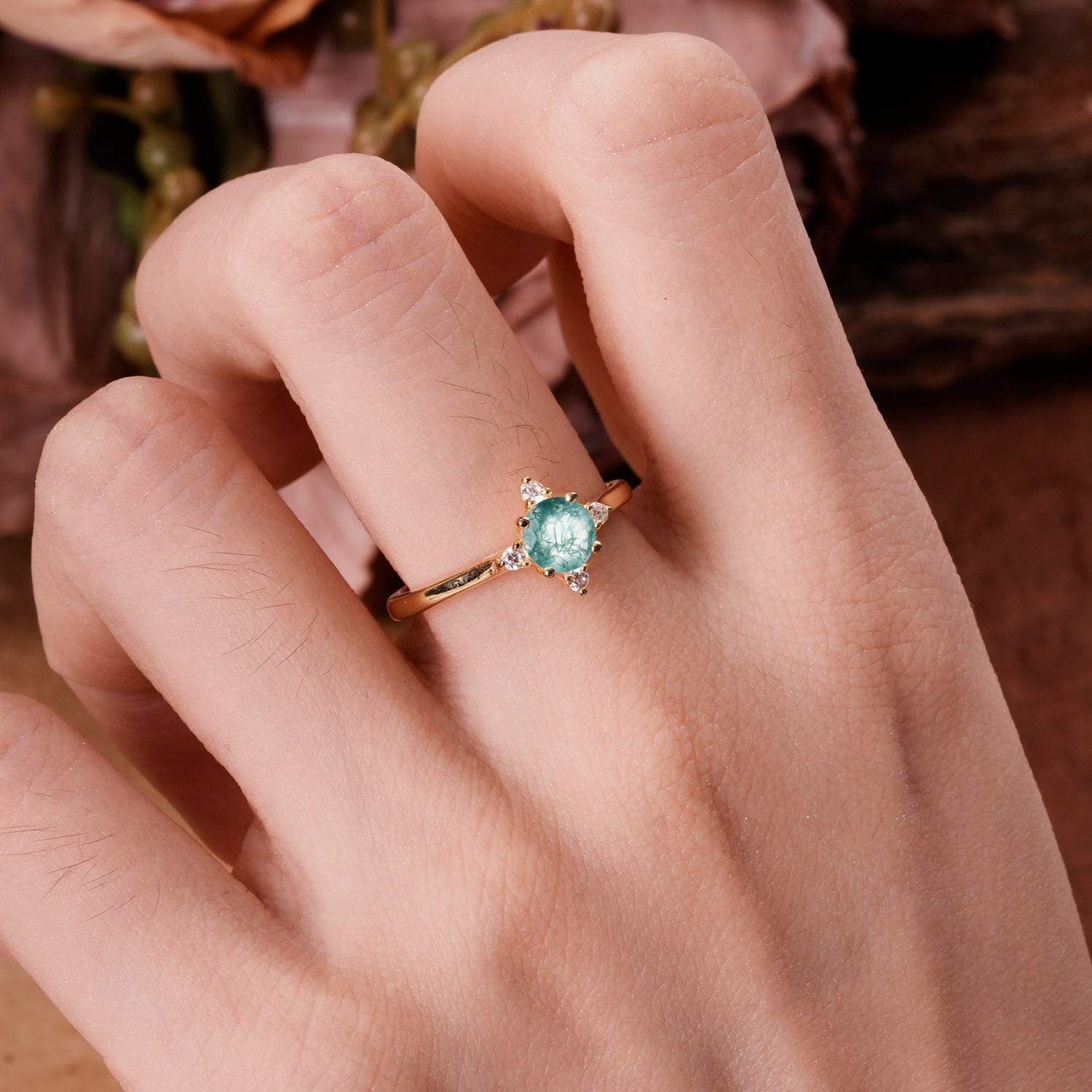 Classic Round Cut Lab Grown Moss Agate Cluster Engagement Ring