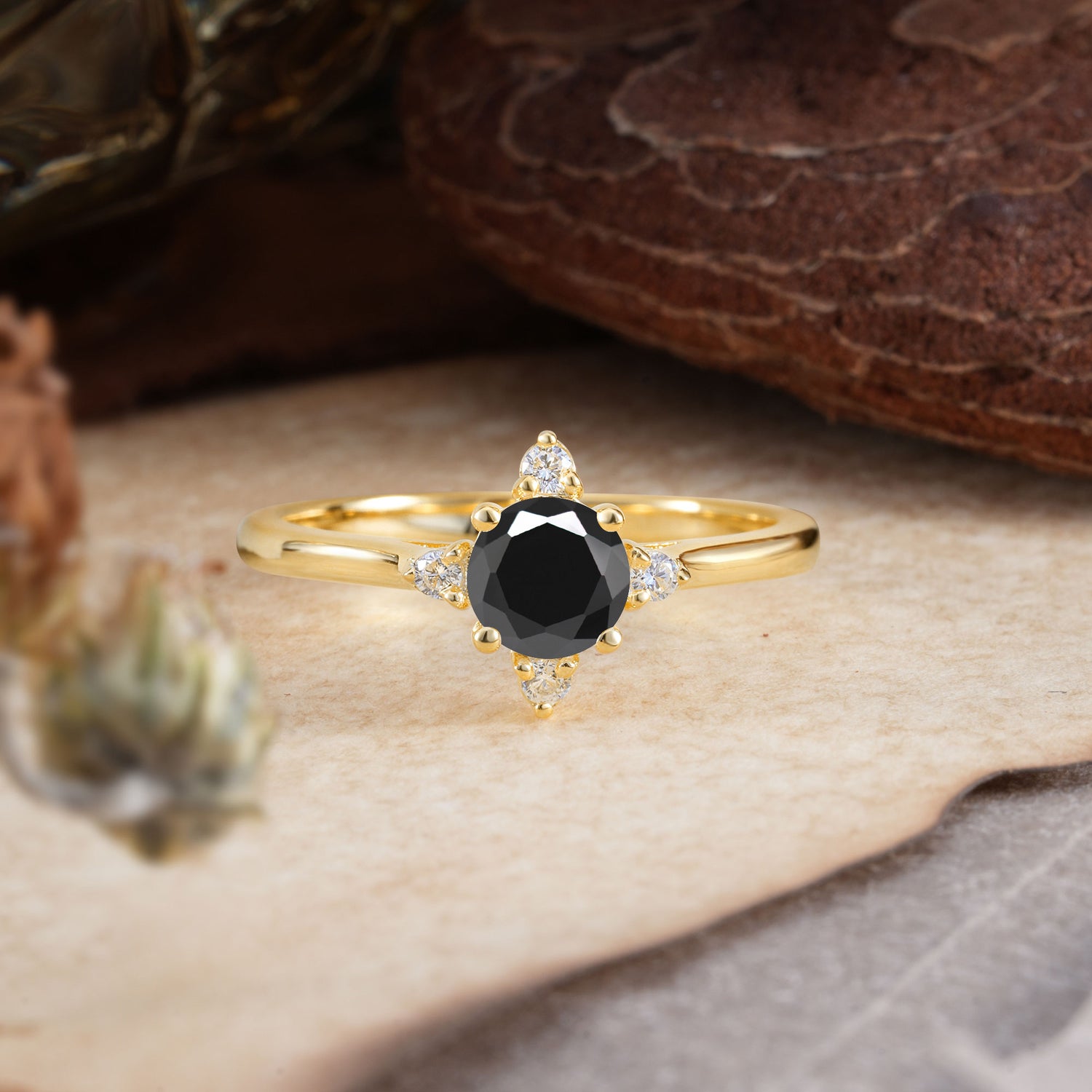 Classic Round Cut Lab Grown Black Onyx Cluster Engagement Ring