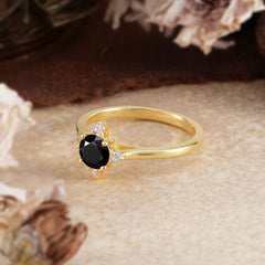 Round Cut Lab Grown Black Onyx Ring Classic Cluster Ring