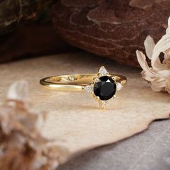 Round Cut Lab Grown Black Onyx Ring Classic Cluster Ring