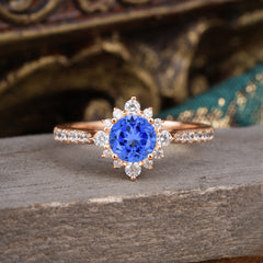 Round Cut Vintage Cluster Sapphire Gemstone Ring Flower Engagement Ring