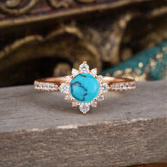 Round Cut Vintage Cluster Turquoise Gemstone Ring Flower Engagement Ring