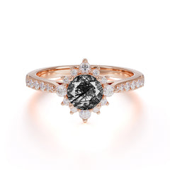 Round Cut Vintage Cluster Black Rutilated Quartz Gemstone Ring Flower Engagement Ring