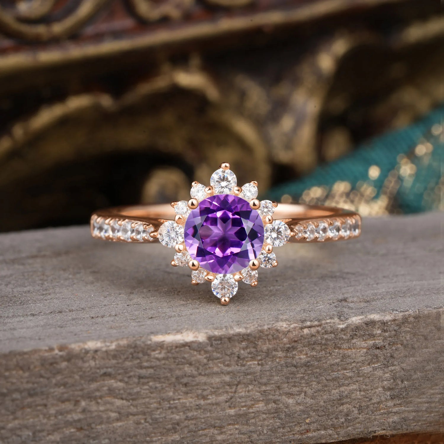 Round Cut Vintage Cluster Amethyst Gemstone Ring Flower Engagement Ring
