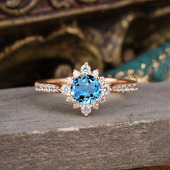 Round Cut Vintage Cluster Aquamarine Gemstone Ring Flower Engagement Ring