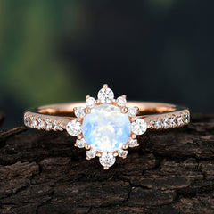 Round Cut Vintage Cluster Moonstone Gemstone Ring Flower Engagement Ring