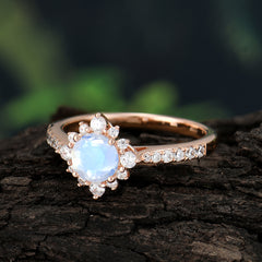 Round Cut Vintage Cluster Moonstone Gemstone Ring Flower Engagement Ring