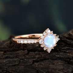 Round Cut Vintage Cluster Moonstone Gemstone Ring Flower Engagement Ring