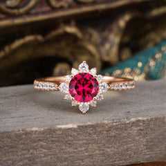 Round Cut Vintage Cluster Ruby Gemstone Ring Flower Engagement Ring