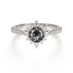 Round Cut Vintage Cluster Black Rutilated Quartz Gemstone Ring Flower Engagement Ring