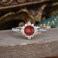 Round Cut Vintage Cluster Garnet Gemstone Ring Flower Engagement Ring