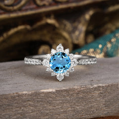 Round Cut Vintage Cluster Aquamarine Gemstone Ring Flower Engagement Ring