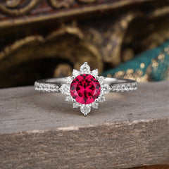 Round Cut Vintage Cluster Ruby Gemstone Ring Flower Engagement Ring