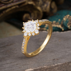 Round Cut Vintage Cluster Moissanite Gemstone Ring Flower Engagement Ring
