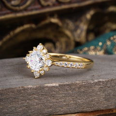 Round Cut Vintage Cluster Moissanite Gemstone Ring Flower Engagement Ring