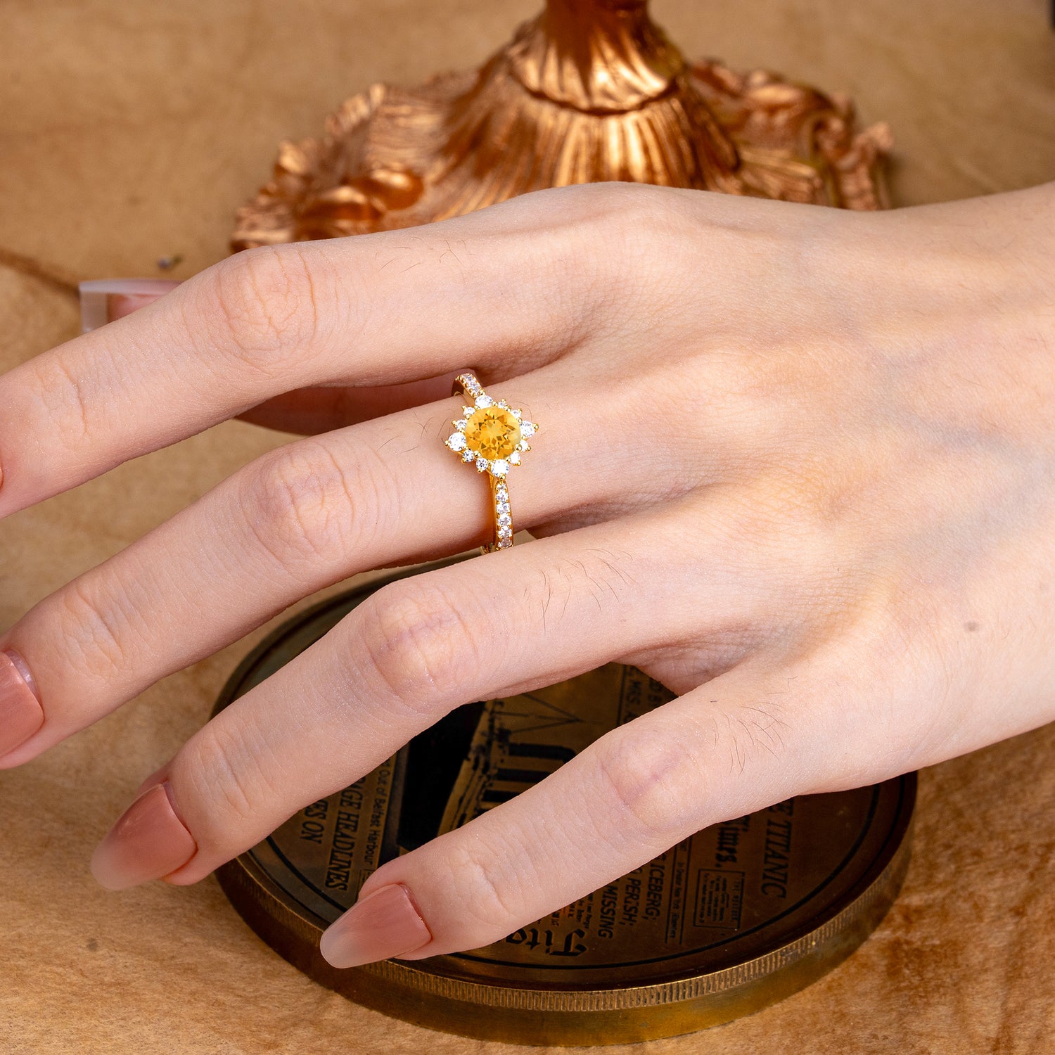 Round Cut Vintage Cluster Citrine Gemstone Ring Flower Engagement Ring