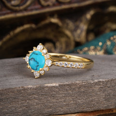Round Cut Vintage Cluster Turquoise Gemstone Ring Flower Engagement Ring