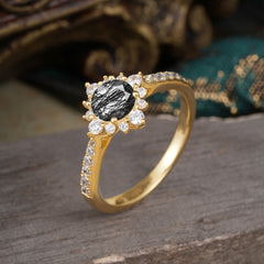 Round Cut Vintage Cluster Black Rutilated Quartz Gemstone Ring Flower Engagement Ring