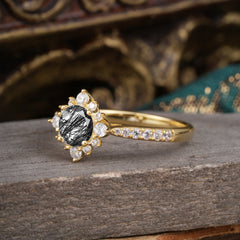 Round Cut Vintage Cluster Black Rutilated Quartz Gemstone Ring Flower Engagement Ring
