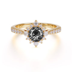 Round Cut Vintage Cluster Black Rutilated Quartz Gemstone Ring Flower Engagement Ring