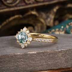 Round Cut Vintage Cluster Moss Agate Gemstone Ring Flower Engagement Ring