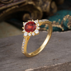 Round Cut Vintage Cluster Garnet Gemstone Ring Flower Engagement Ring