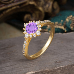 Round Cut Vintage Cluster Amethyst Gemstone Ring Flower Engagement Ring