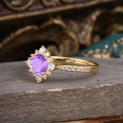 Round Cut Vintage Cluster Amethyst Gemstone Ring Flower Engagement Ring
