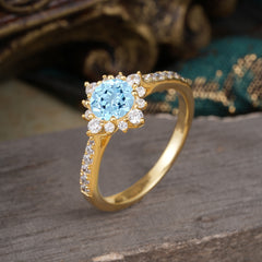 Round Cut Vintage Cluster Aquamarine Gemstone Ring Flower Engagement Ring