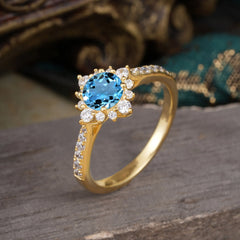 Round Cut Vintage Cluster Aquamarine Gemstone Ring Flower Engagement Ring