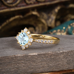 Round Cut Vintage Cluster Aquamarine Gemstone Ring Flower Engagement Ring