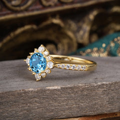 Round Cut Vintage Cluster Aquamarine Gemstone Ring Flower Engagement Ring