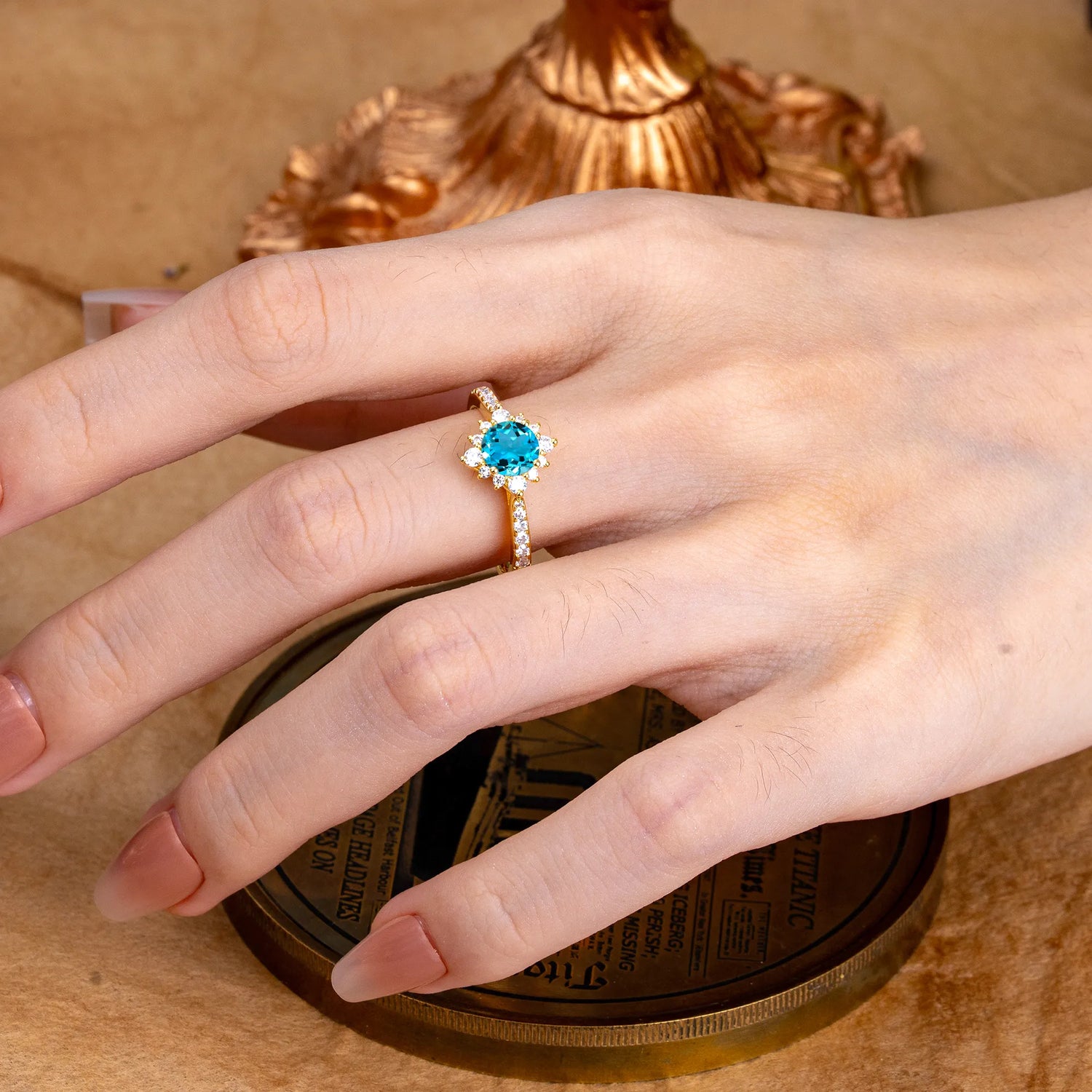 Round Cut Vintage Cluster Aquamarine Gemstone Ring Flower Engagement Ring