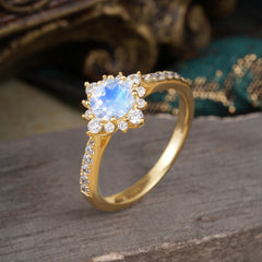 Round Cut Vintage Cluster Natural Moonstone Gemstone Ring Flower Engagement Ring