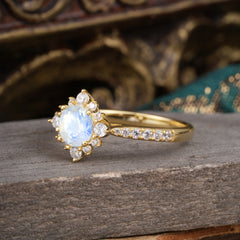 Round Cut Vintage Cluster Natural Moonstone Gemstone Ring Flower Engagement Ring