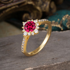 Round Cut Vintage Cluster Ruby Gemstone Ring Flower Engagement Ring