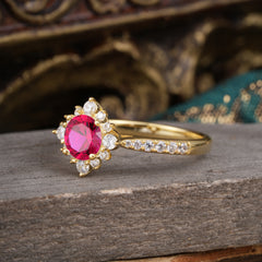 Round Cut Vintage Cluster Ruby Gemstone Ring Flower Engagement Ring